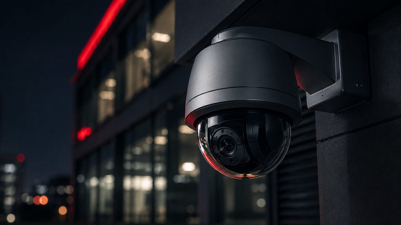 Cámara de seguridad en fachada urbana