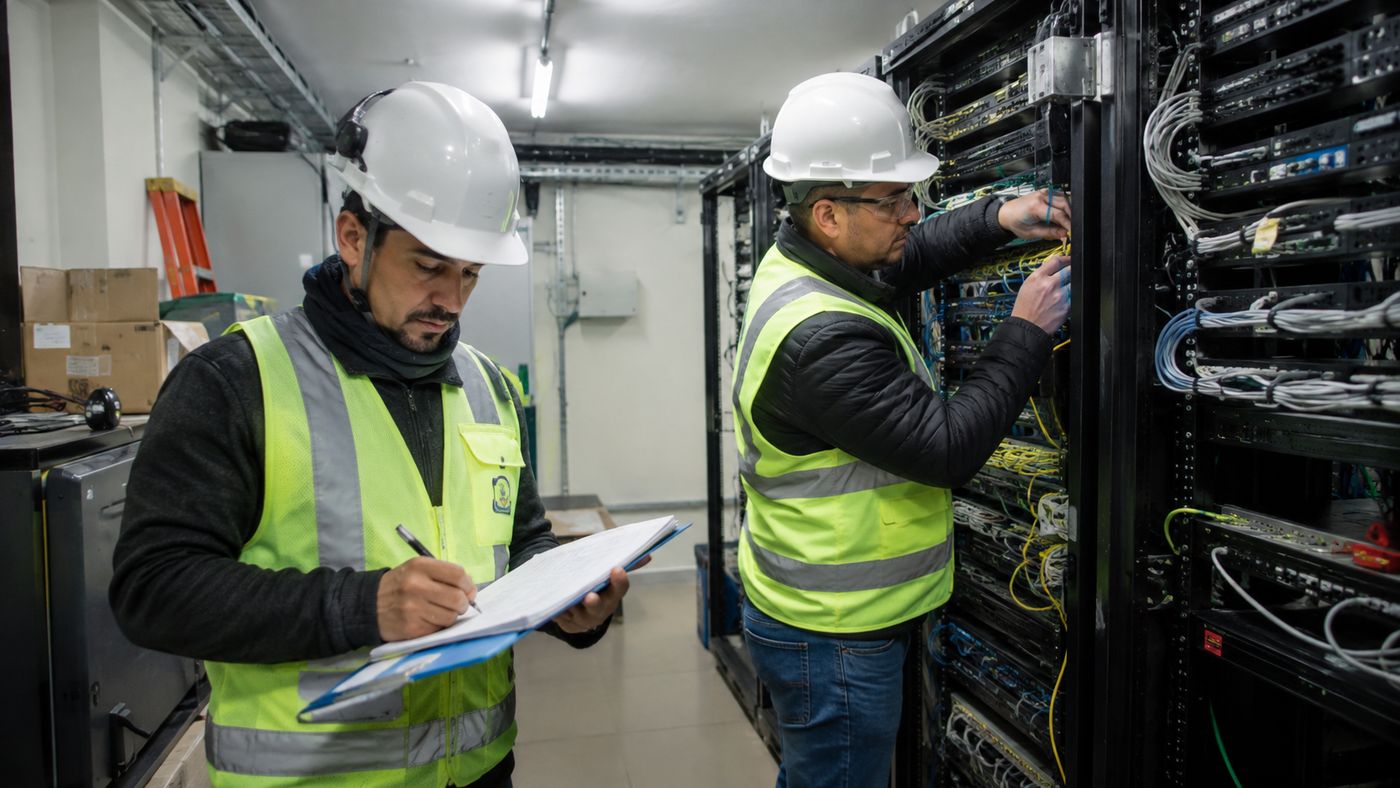Técnicos revisando una sala de servidores