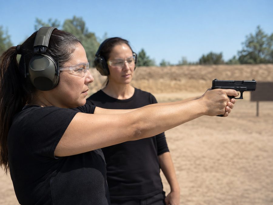 Alumna en línea de tiro con equipo de protección