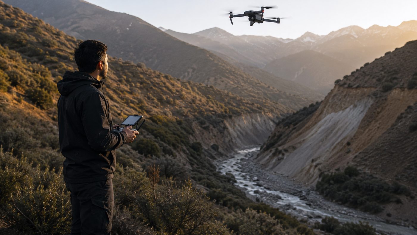 Piloto de dron monitoreando una ladera en terreno