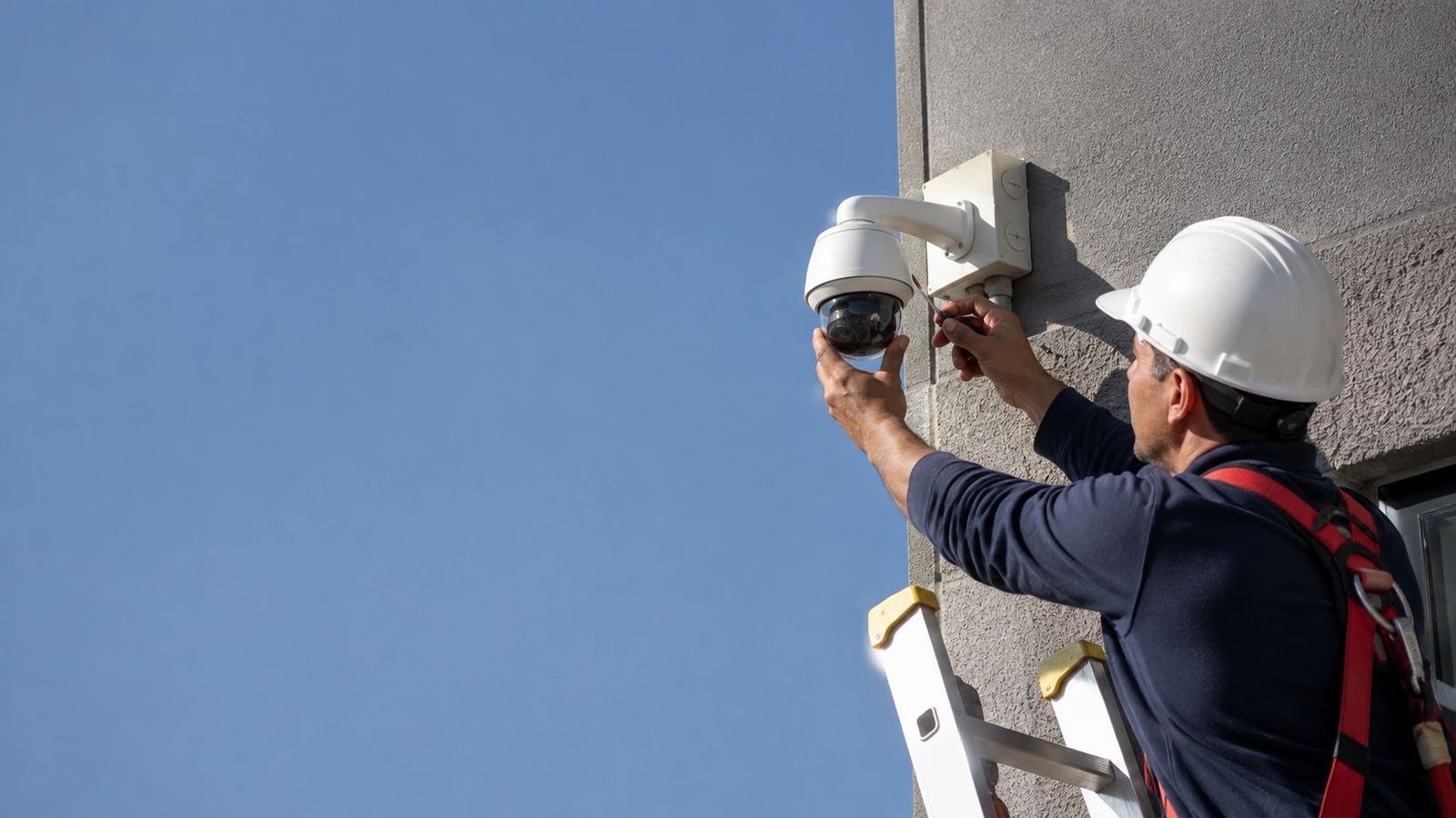 Técnico instalando una cámara de seguridad en un edificio
